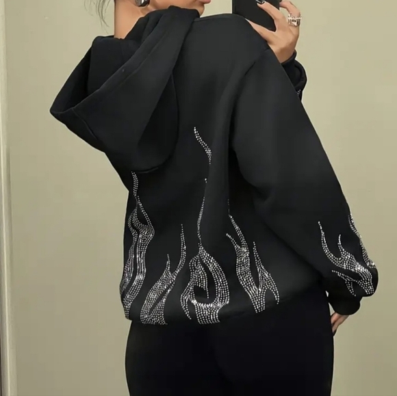 Black Zip-Up Hoodie with Rhinestone Flame Design - Picture 12 of 12